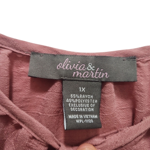 OLIVIA & MARTIN Boho Peasant Mauve Floral Embroidered Puff Sleeve Blouse Plus 1X - Picture 2 of 5